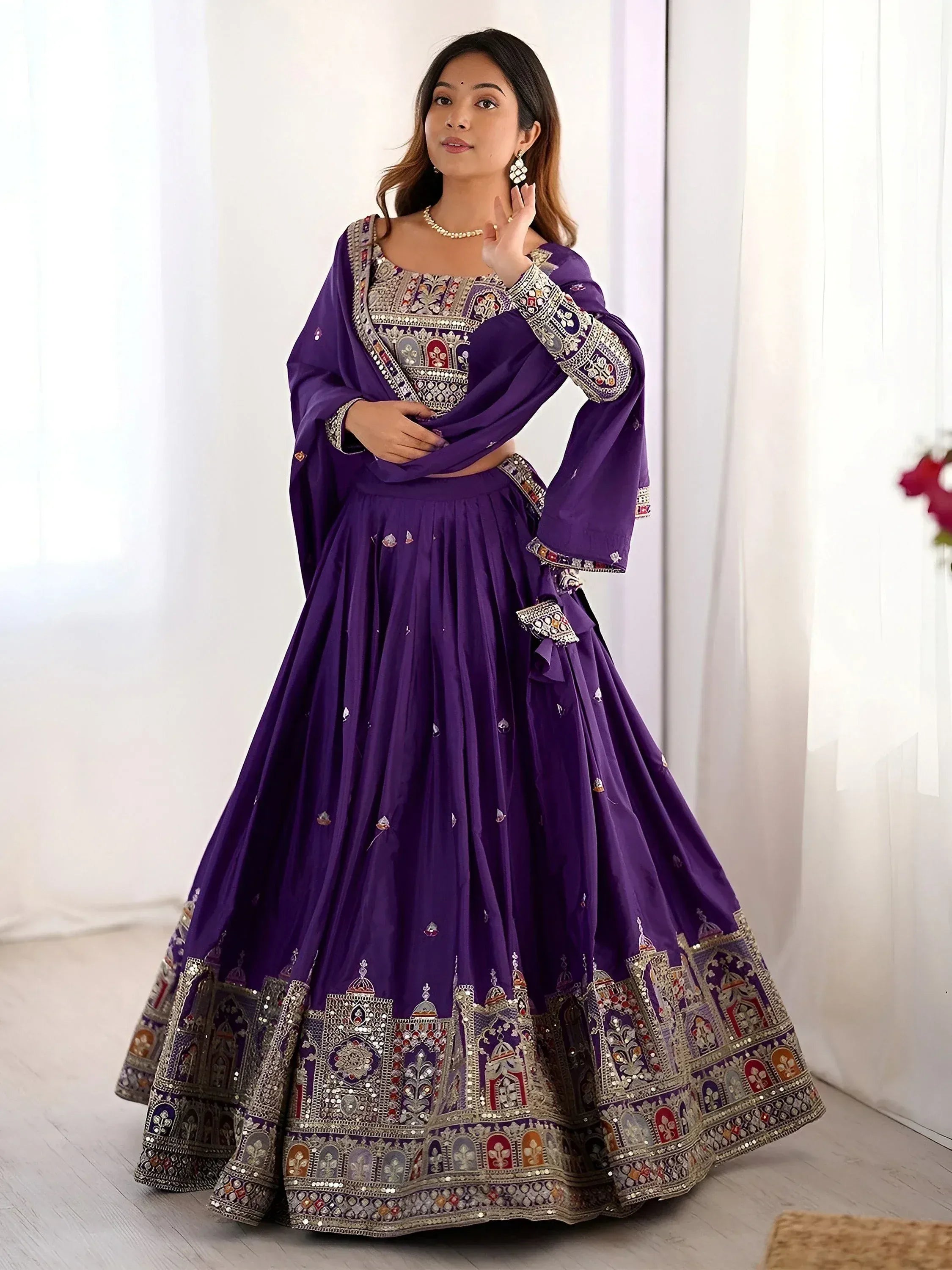 Tulsi Art Fantastic Purple Thread Embroidered Crepe Lehenga Choli With Dupatta - Dista