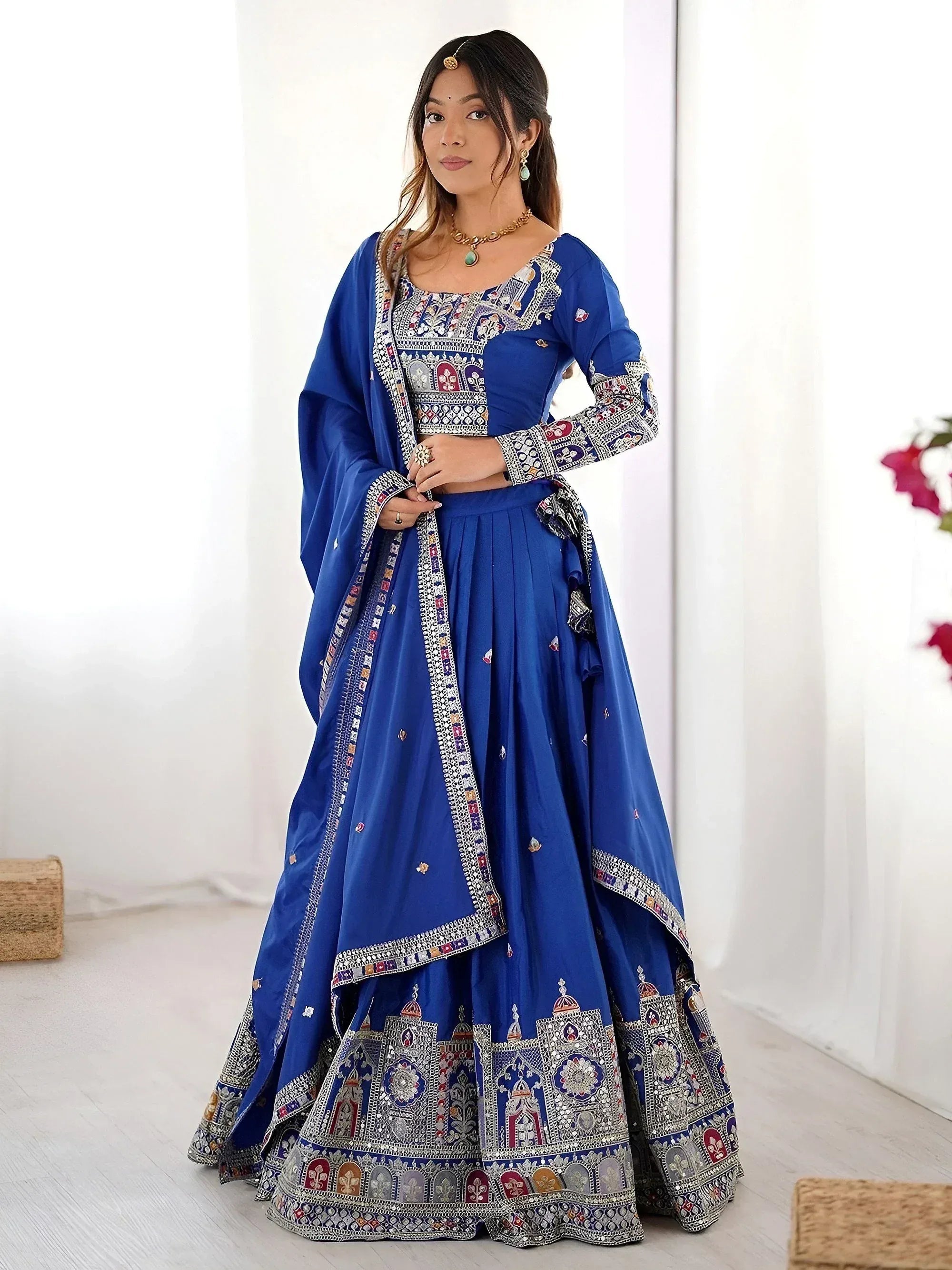 Tulsi Art Magnificent Royal Blue Thread Work Crepe Wedding Lehenga Choli With Dupatta - Dista