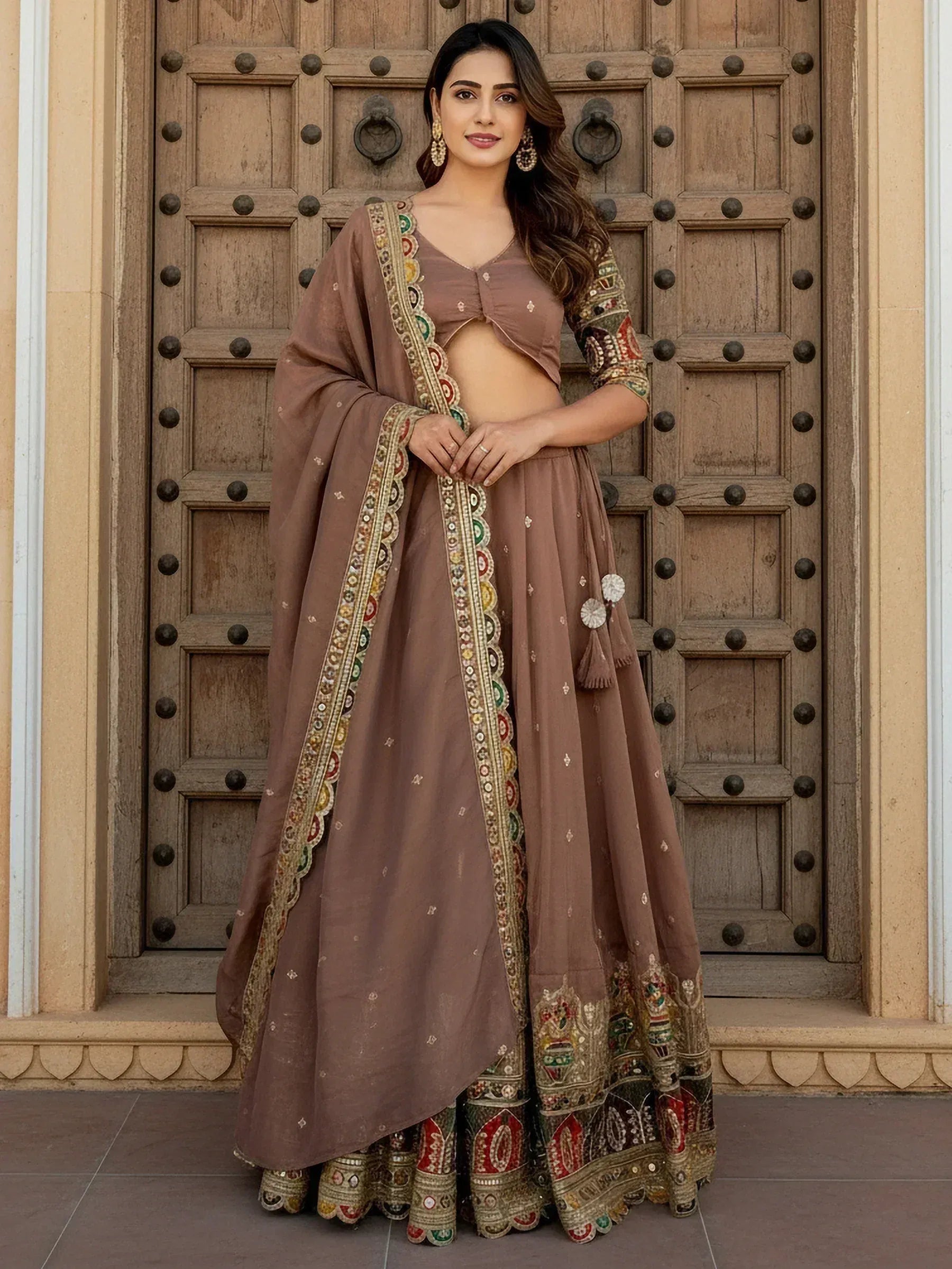 Tulsi Art Precious Beige Thread Work Silk Festival Wear Lehenga Choli With Dupatta - Dista