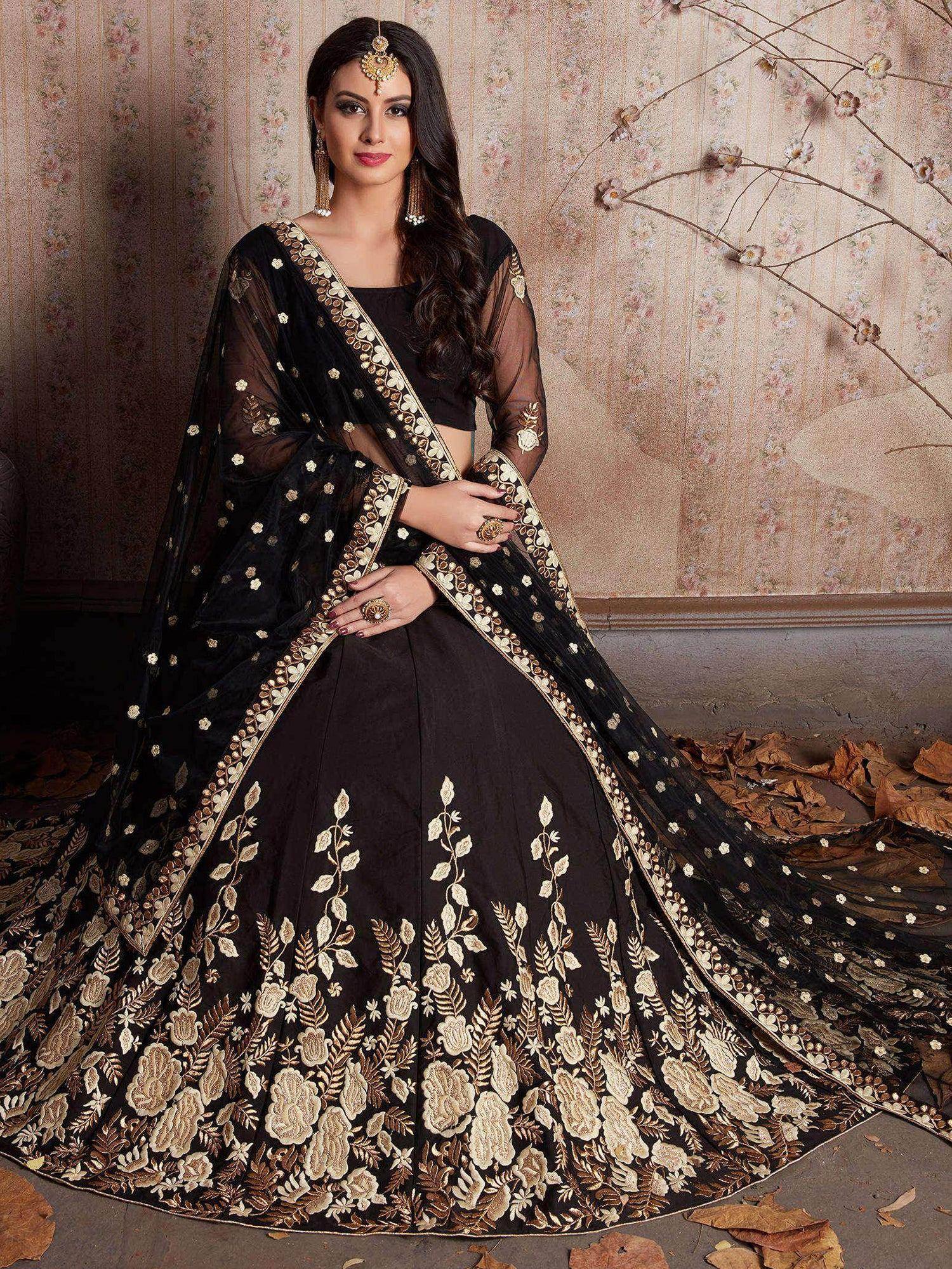 Tulsi Art Black Embroidered Crepe Silk Lehenga Choli