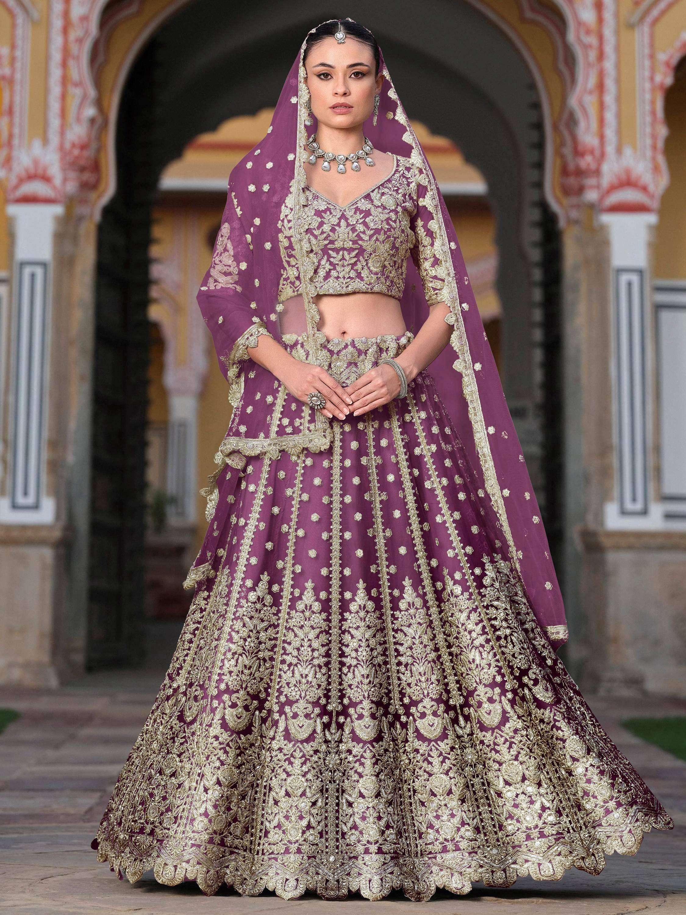 Tulsi Art Lovable Purple Embroidered Net Engagement Wear Lehenga Choli - Dista