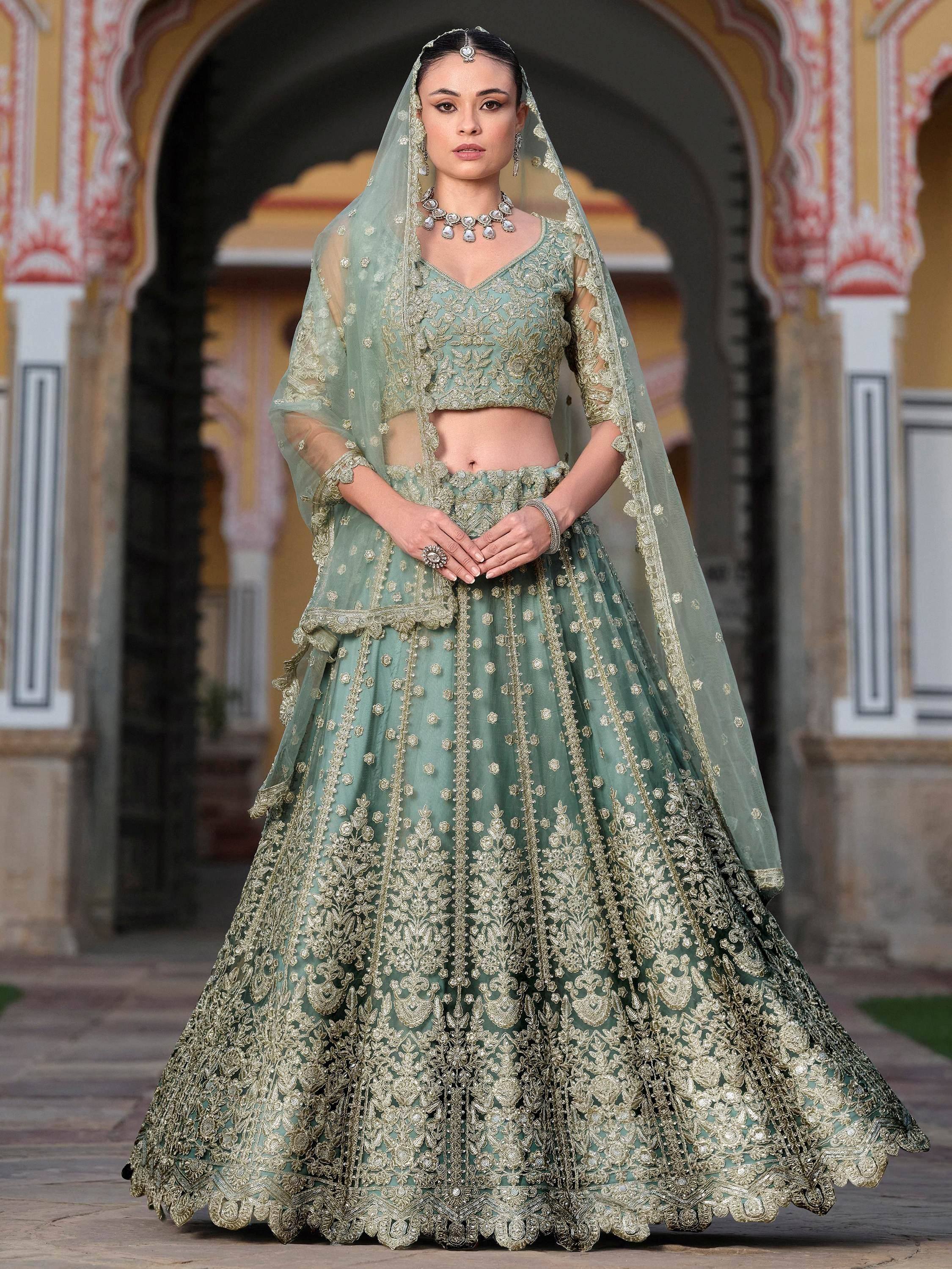 Tulsi Art Charming Pista Green Zari Work Net Bridesmaid Lehenga Choli With Dupatta - Dista