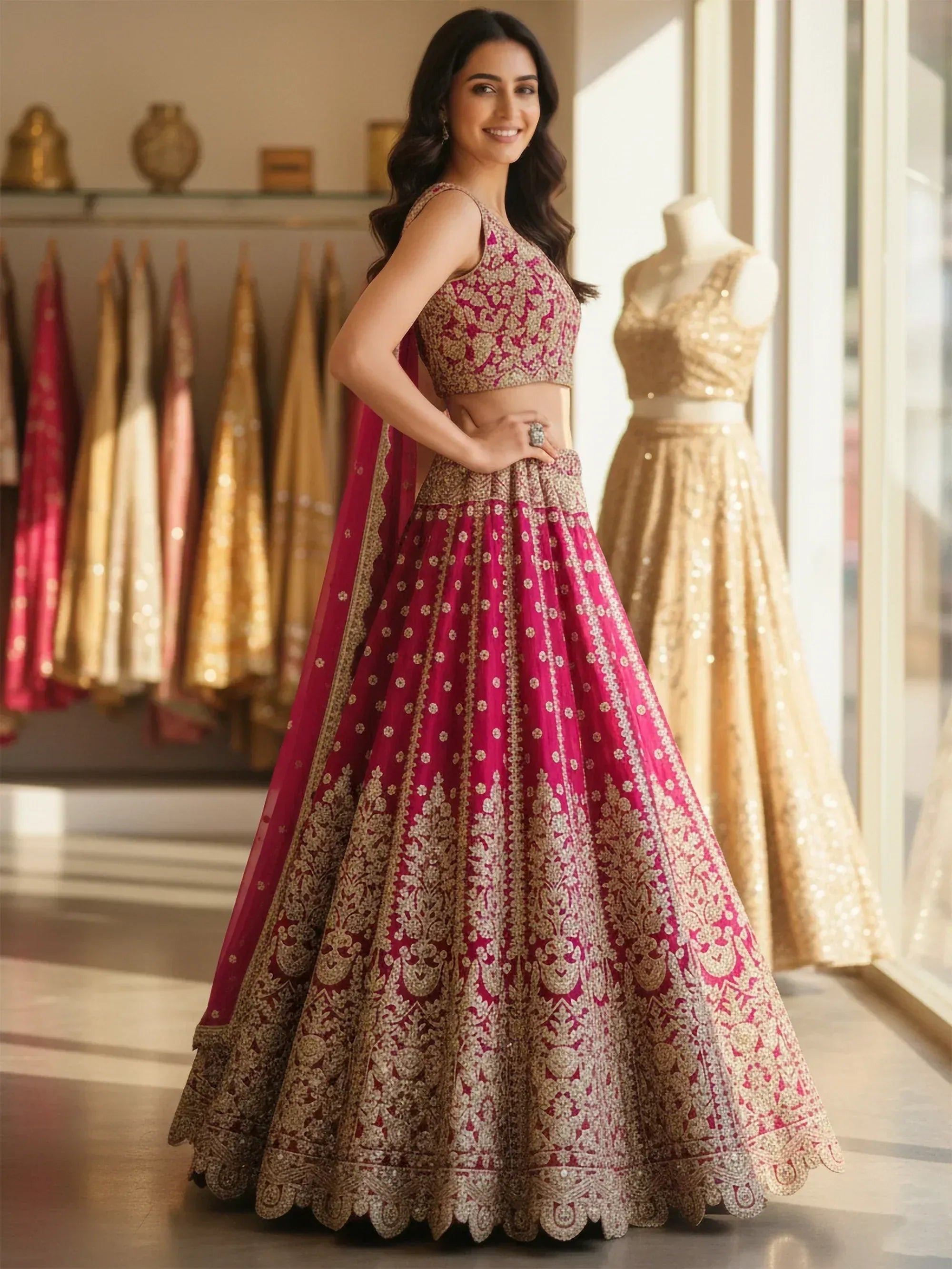 Tulsi Art Marvelous Pink Embroidered Net Bridesmaid Lehenga Choli With Dupatta - Dista