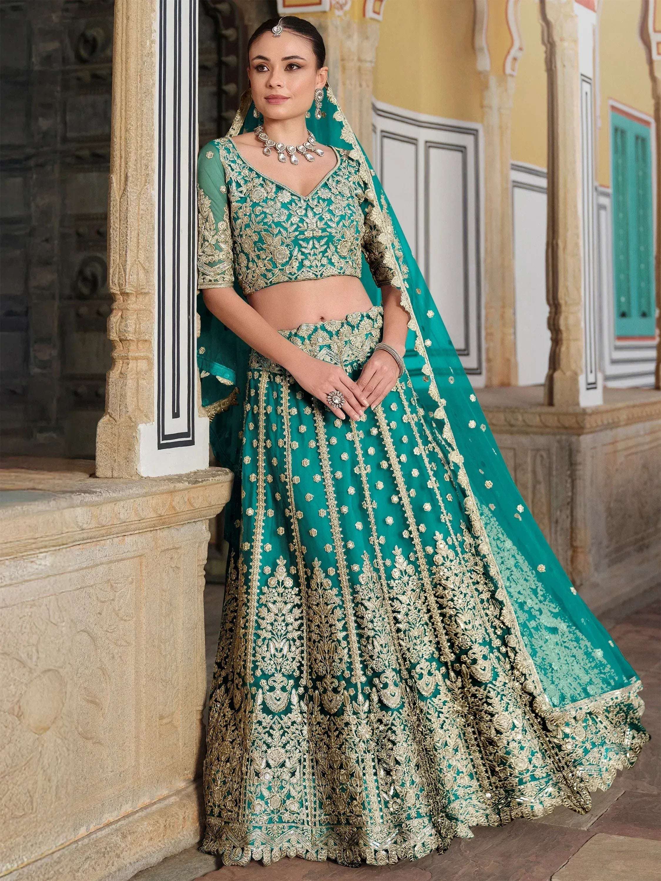 Tulsi Art Amazing Teal Green Sequins Net Wedding Lehenga Choli With Dupatta - Dista