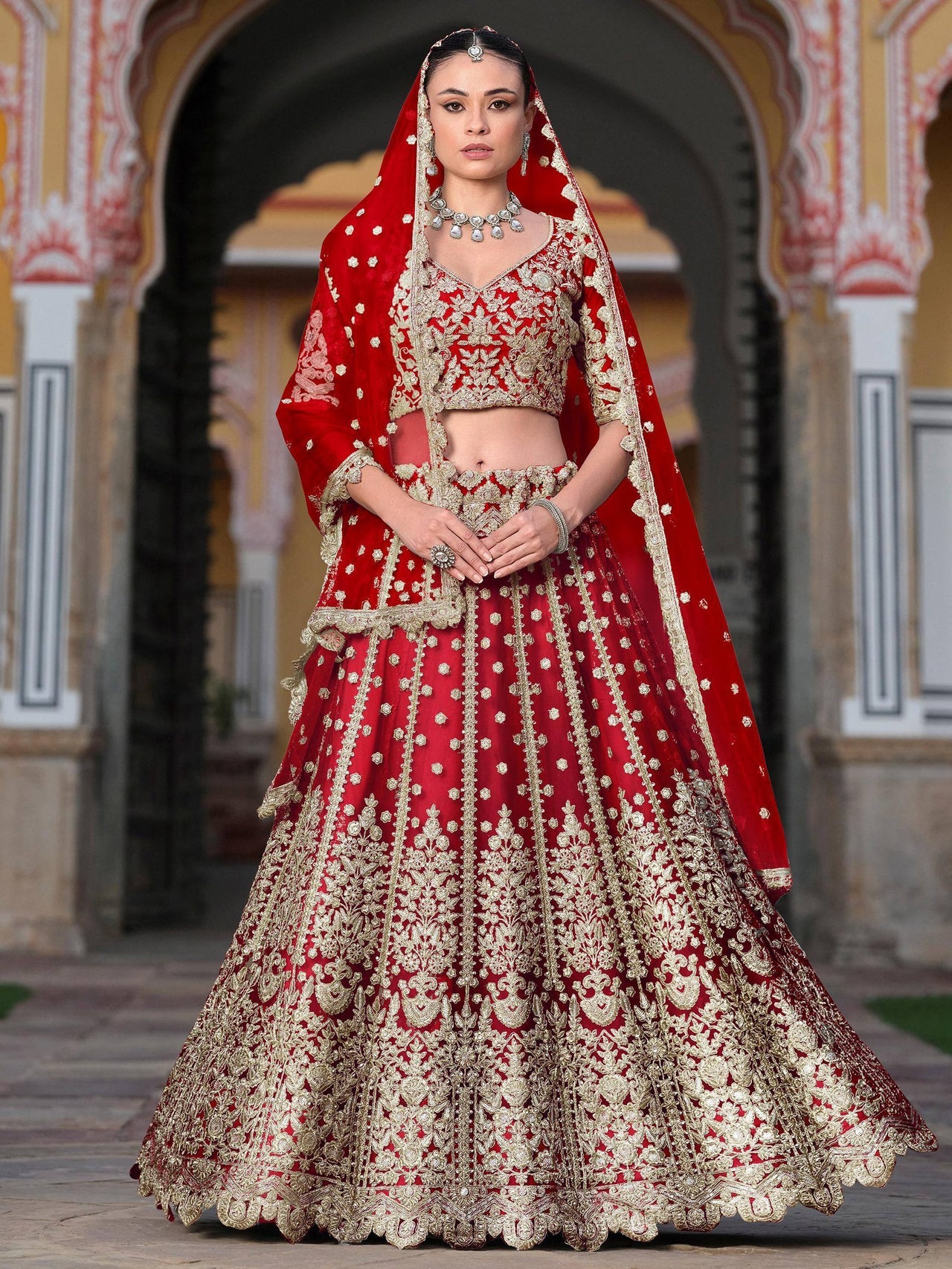 Tulsi Art Gorgeous Red Zari Work Net Bridal Wear Lehenga Choli With Dupatta - Dista