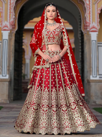 Tulsi Art Gorgeous Red Zari Work Net Bridal Wear Lehenga Choli With Dupatta - Dista