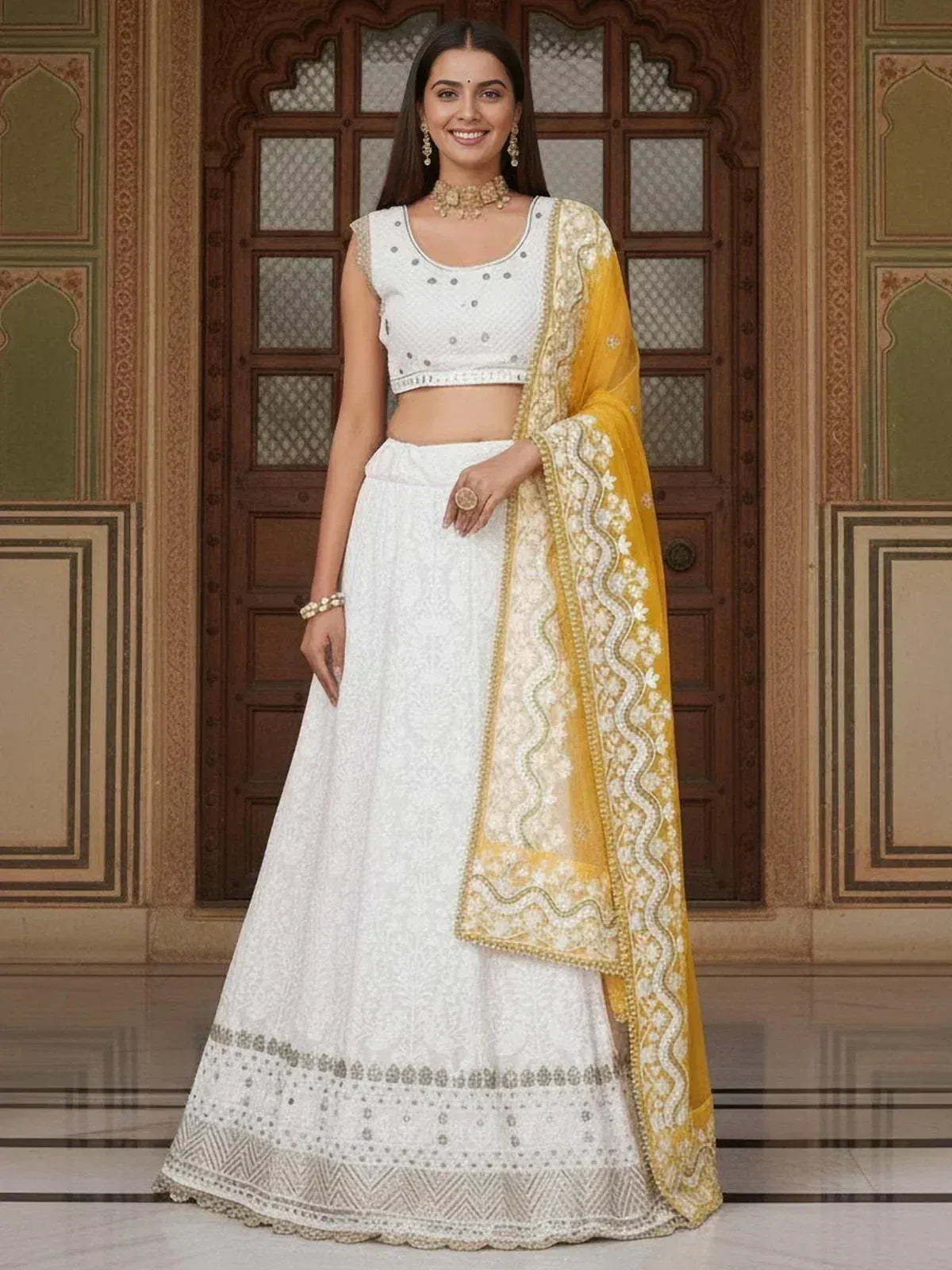 Tulsi Art Mesmerizing White Sequins Georgette Bollywood Lehenga Choli With Dupatta - Dista