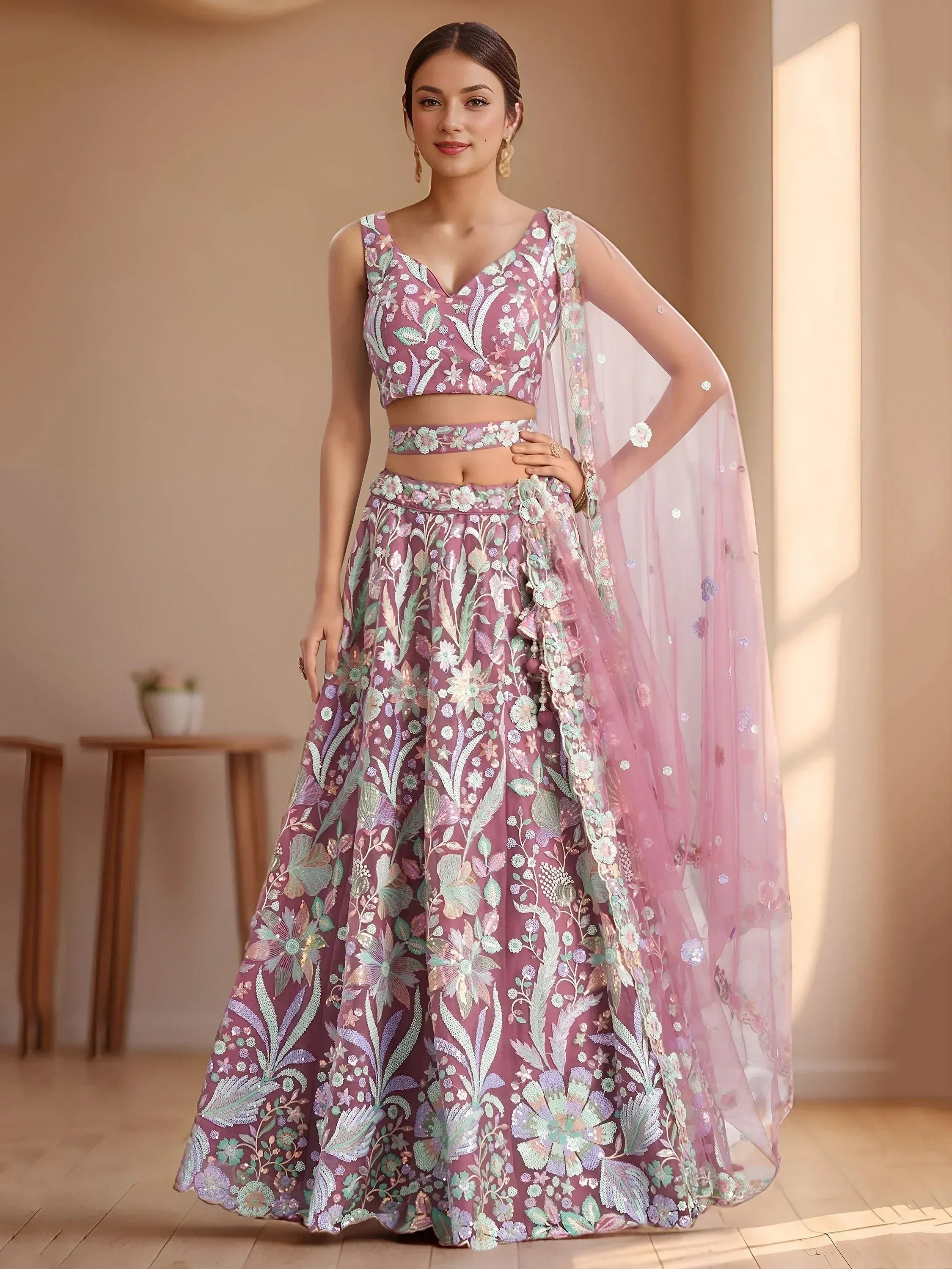 Tulsi Art Attractive Pink Sequins Net Designer Lehenga Choli With Dupatta - Dista