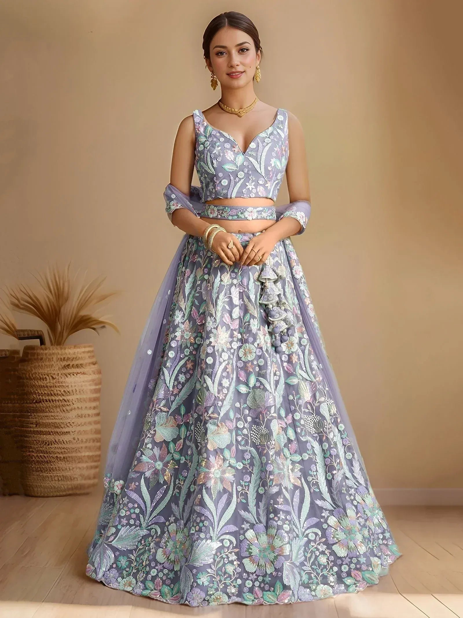 Tulsi Art Astonishing Lavender Embroidered Net Designer Lehenga Choli With Dupatta - Dista