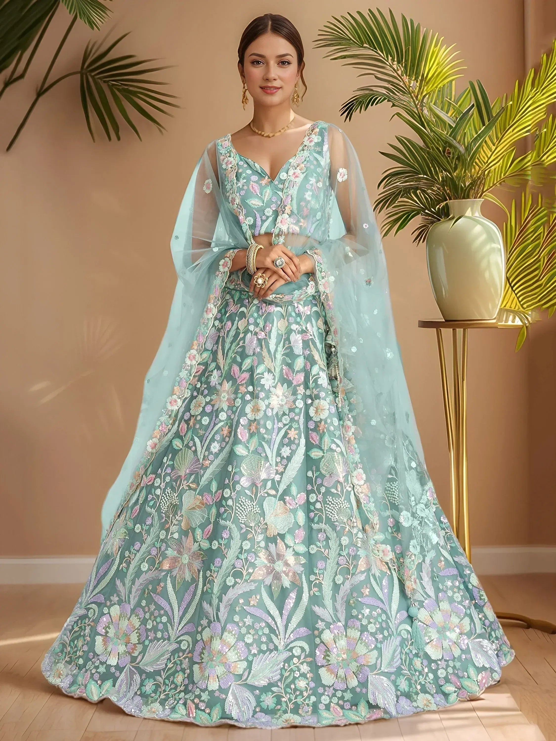 Tulsi Art Dazzling Sky-Blue Sequins Net Engagement Wear Lehenga Choli - Dista