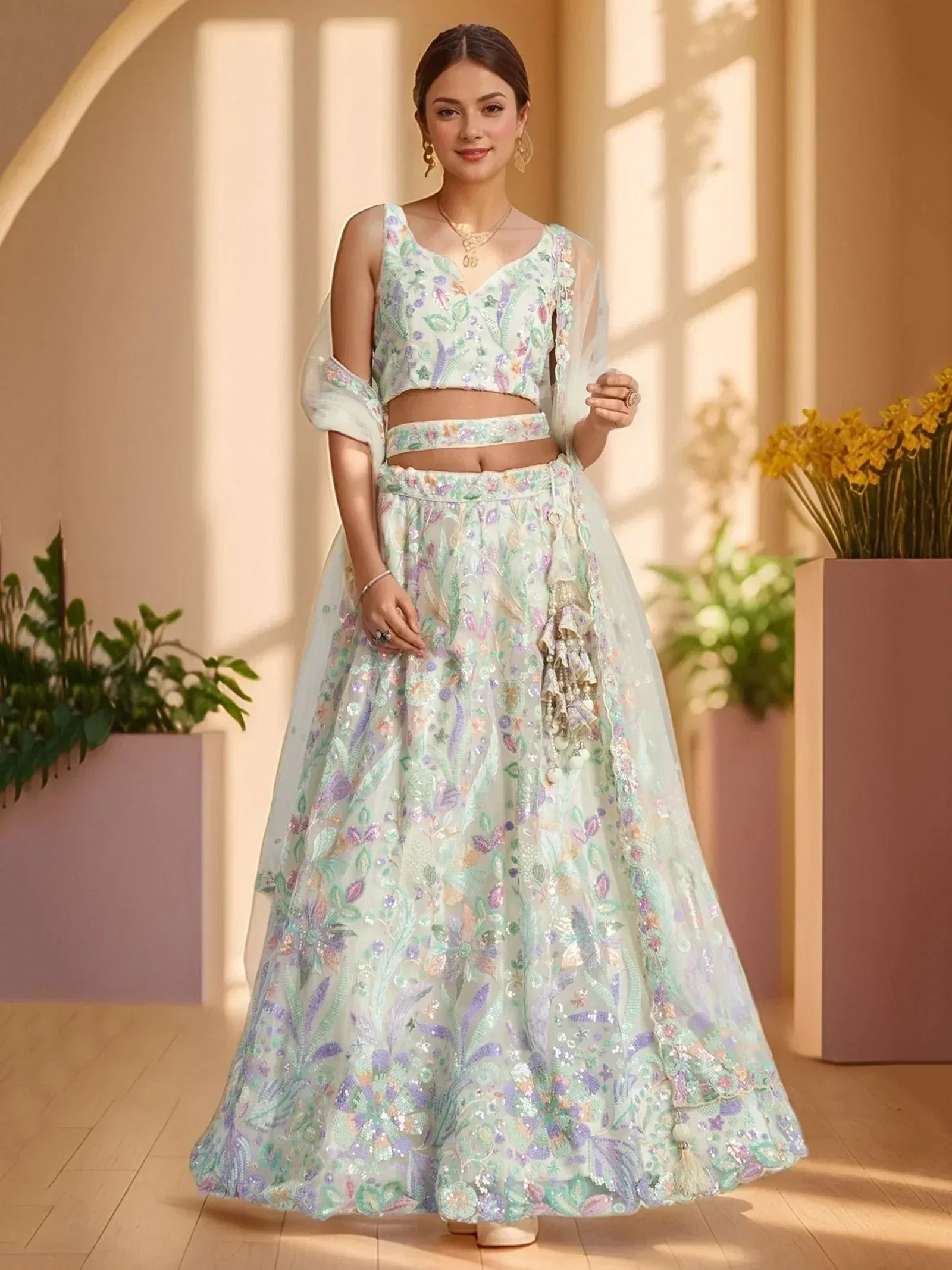 Tulsi Art Precious White Embroidered Net Bridesmaid Lehenga Choli With Dupatta - Dista