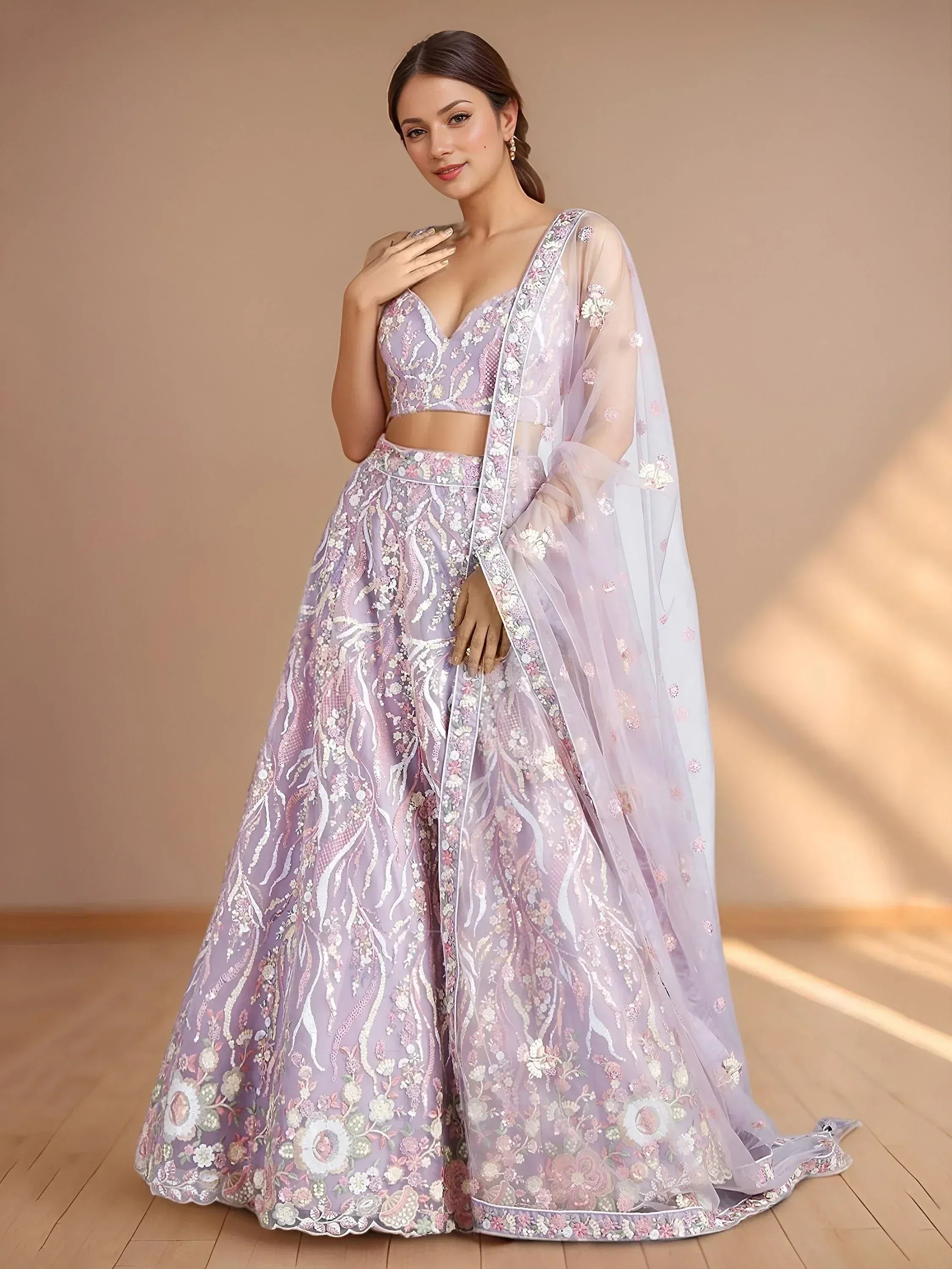 Tulsi Art Glamorous Lavender Sequins Net Designer Lehenga Choli With Dupatta - Dista