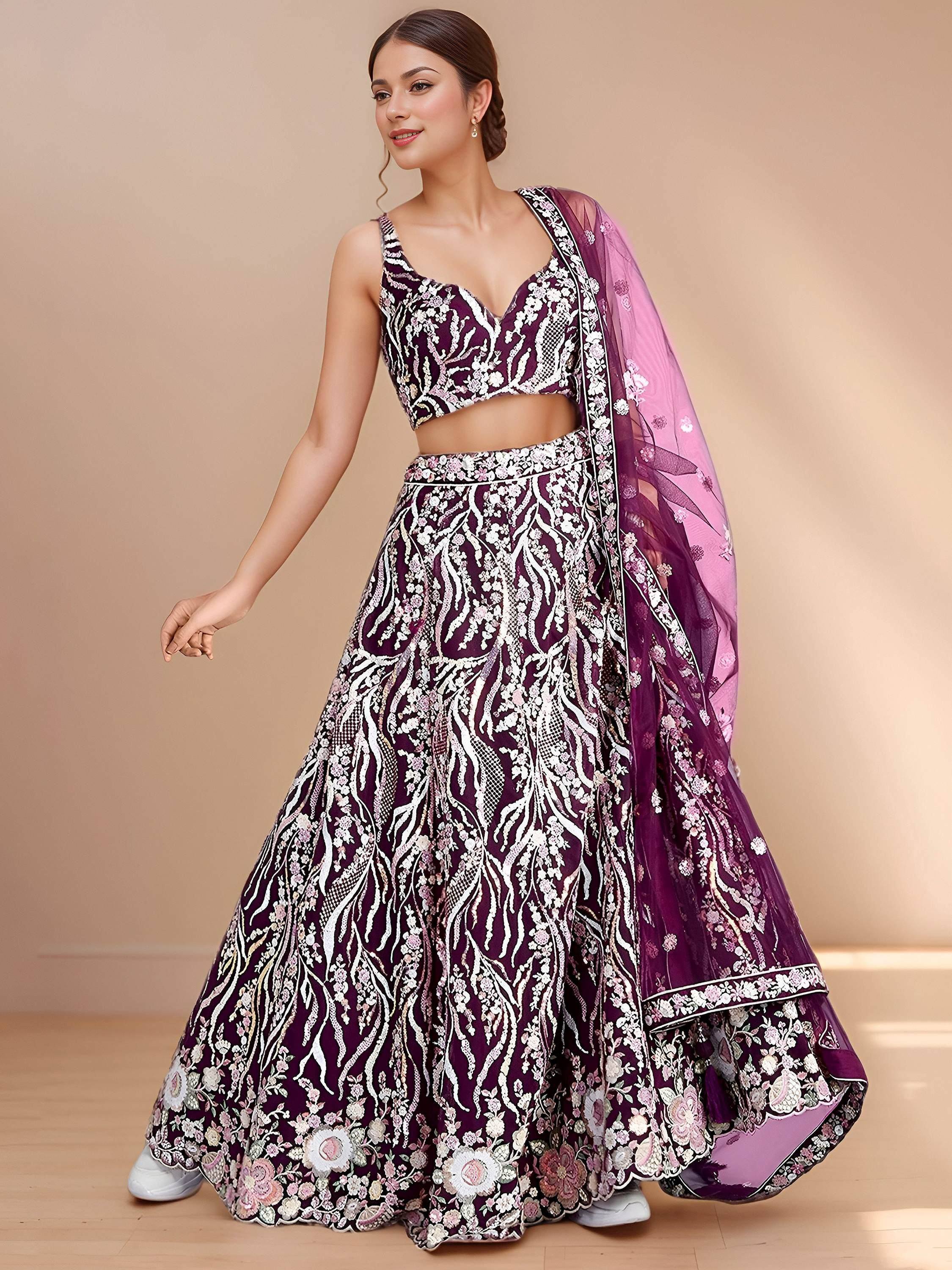 Tulsi Art Elegant Purple Sequins Net Reception Wear Lehenga Choli With Dupatta - Dista