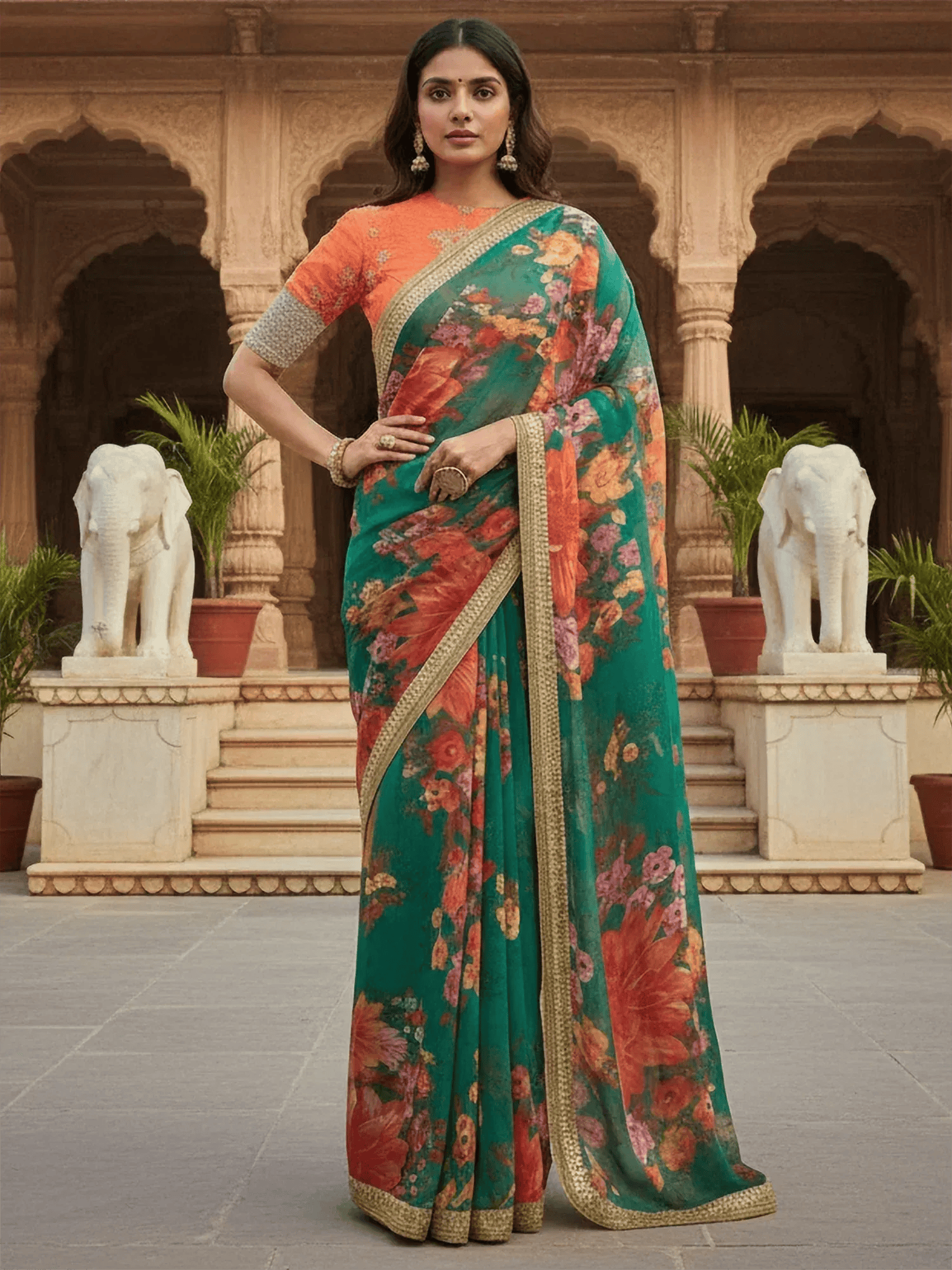 Tulsi Art Tantalizing Green Floral Printed Organza Traditional Saree With Blouse - Dista