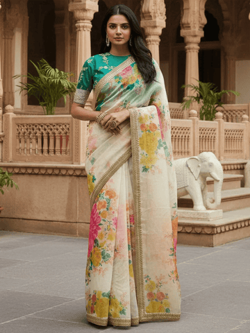 Tulsi Art Beautiful Off White Floral Printed Organza Festival Wear Saree With Blouse - Dista