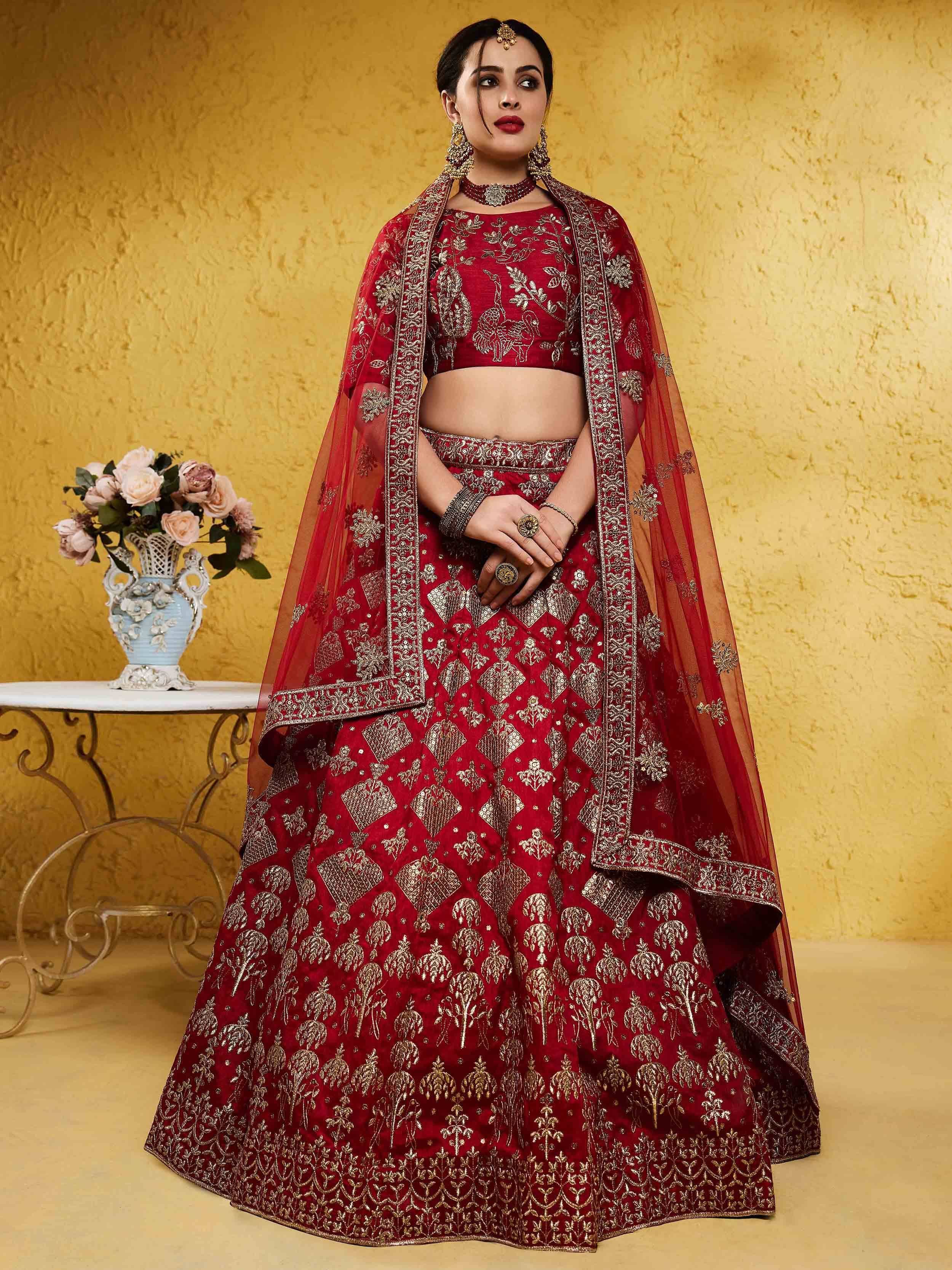 Tulsi Art Fascinating Red Embroidered Silk Bridal Lehenga Choli With Dupatta - Dista