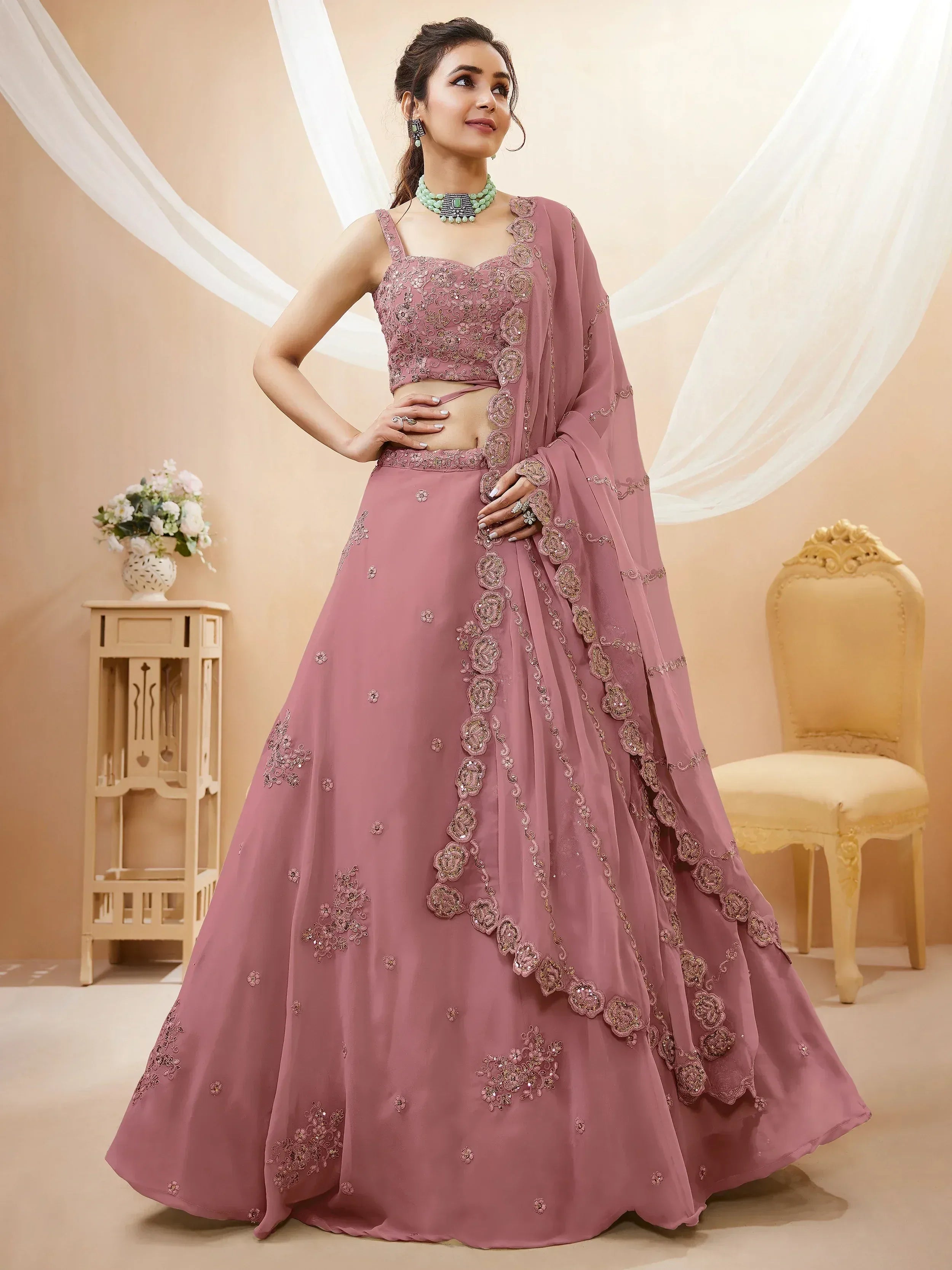 Tulsi Art Attractive Dusty Pink Sequins Georgette Party Wear Lehenga Choli - Dista