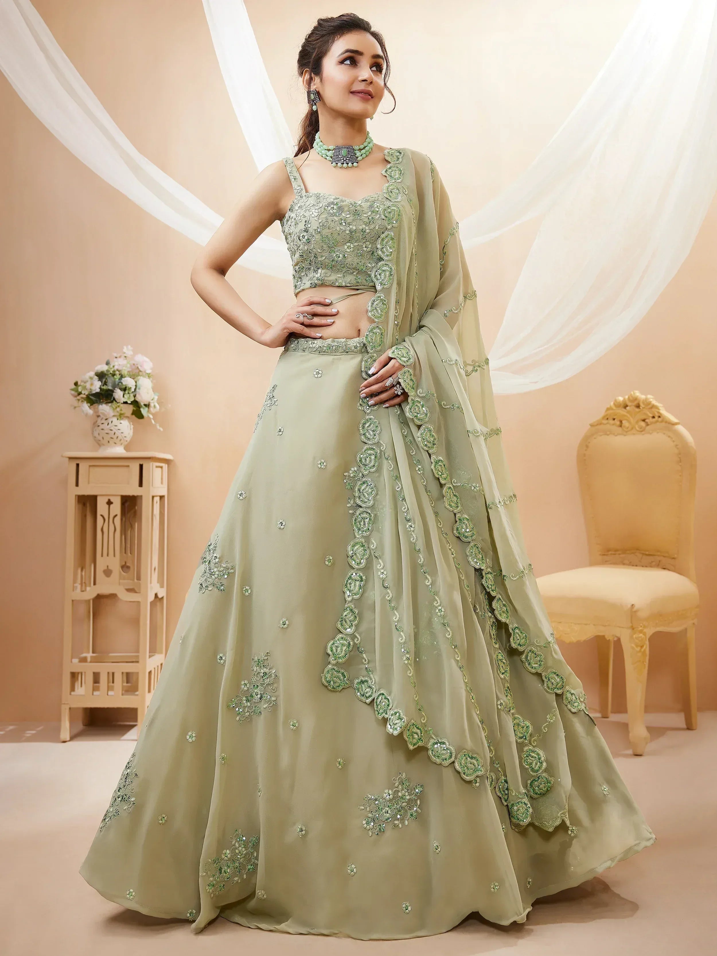 Tulsi Art Pretty Pista Green Sequins Georgette Engagement Wear Lehenga Choli - Dista