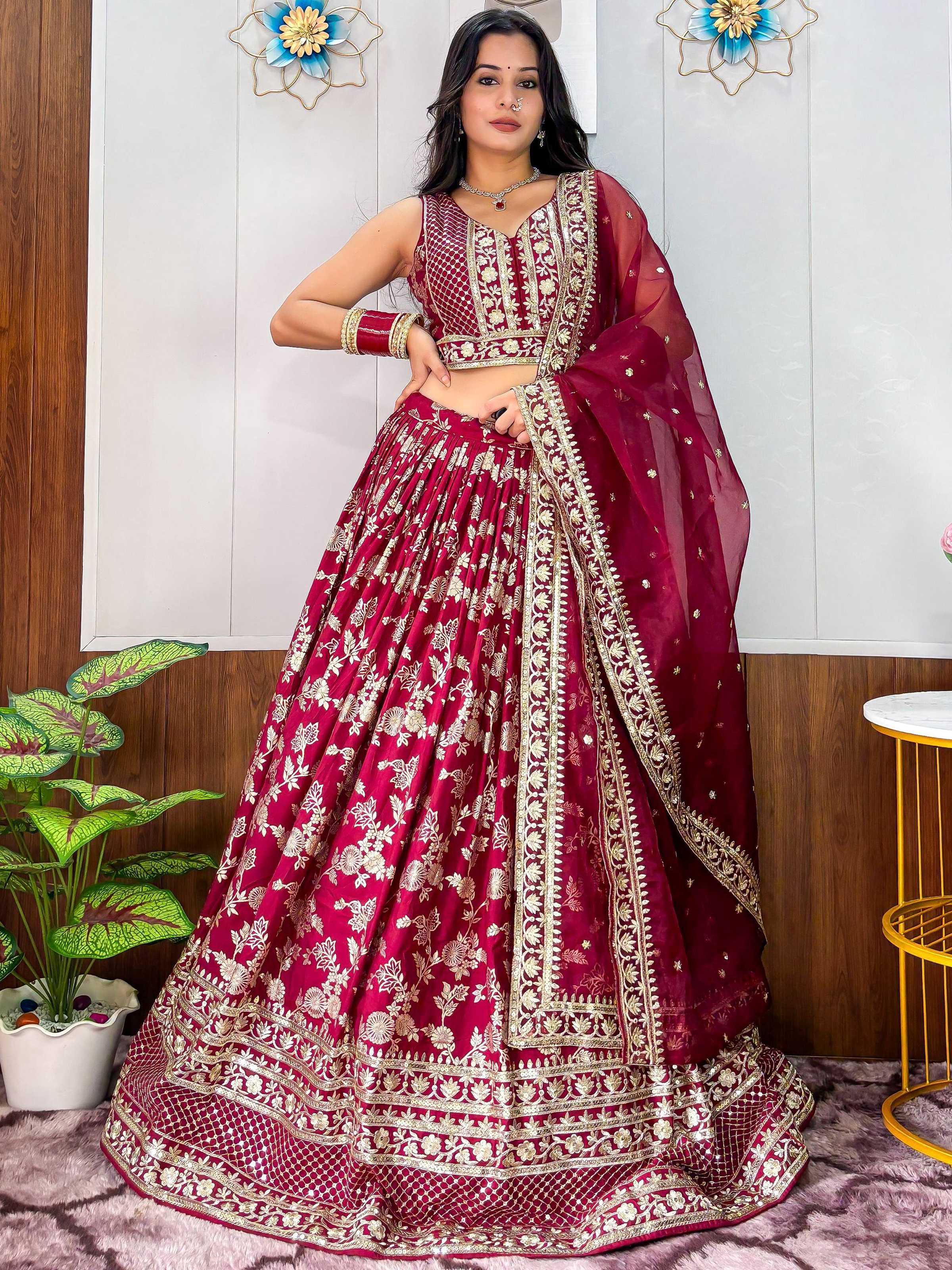 Tulsi Art Charming Maroon Zari Weaving Silk Wedding Lehenga Choli With Dupatta - Dista