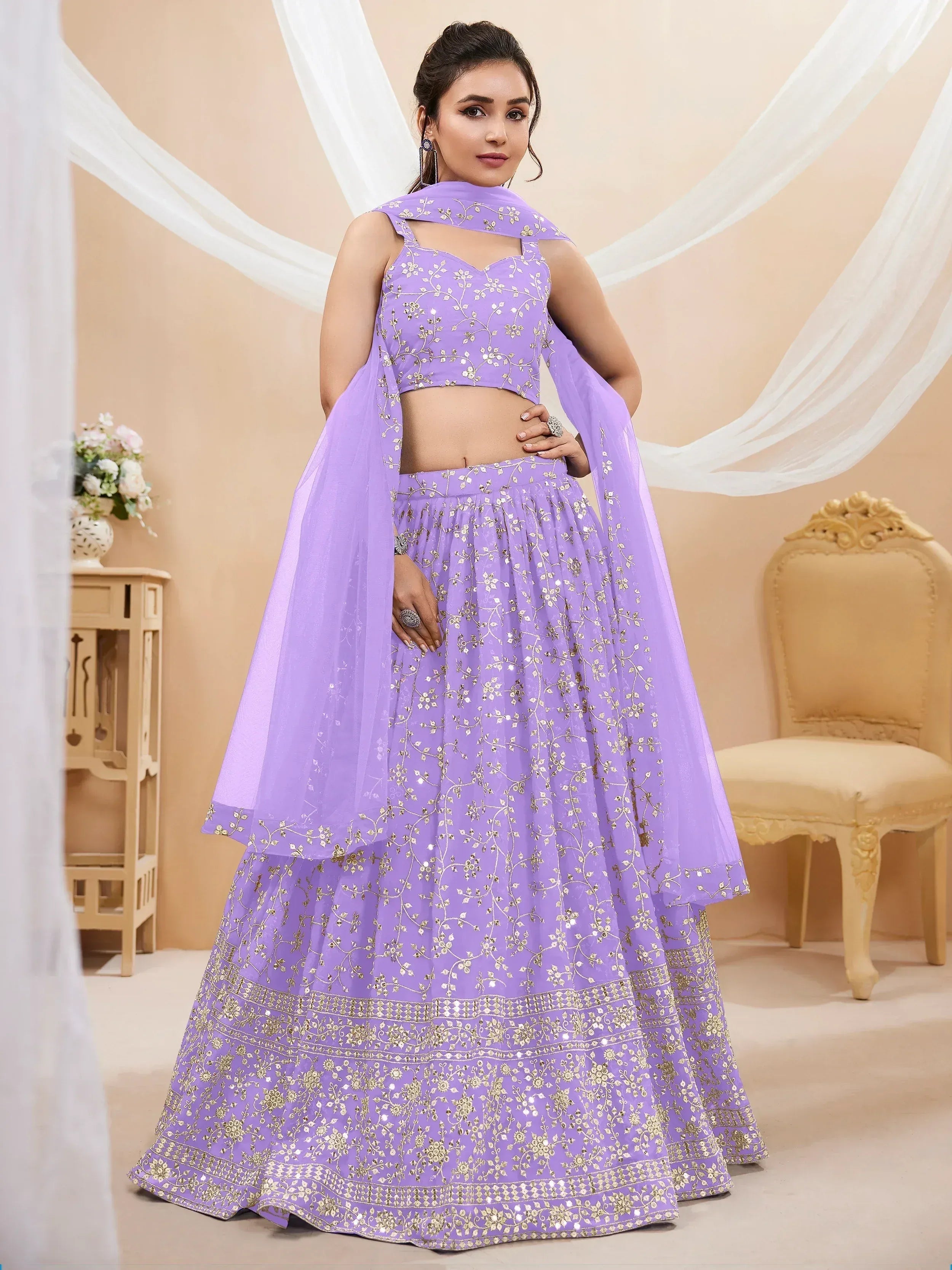 Tulsi Art Enchanting Lavender Sequins Georgette Lehenga Choli With Dupatta - Dista