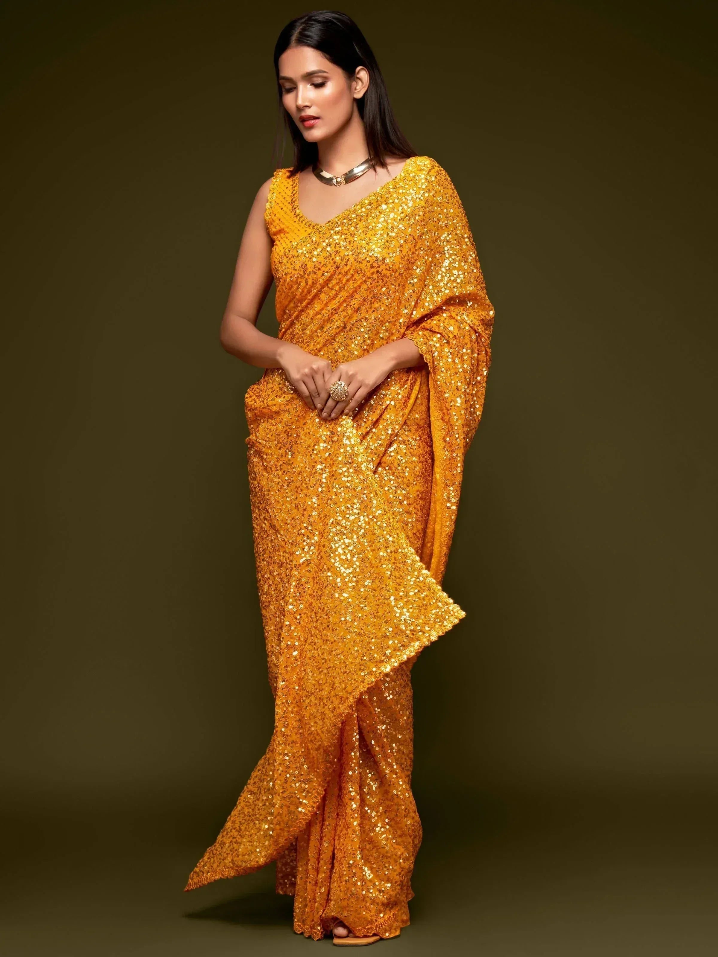 Tulsi Art Sabyasachi Yellow Sequins Georgette Party Wear Saree With Blouse - Dista