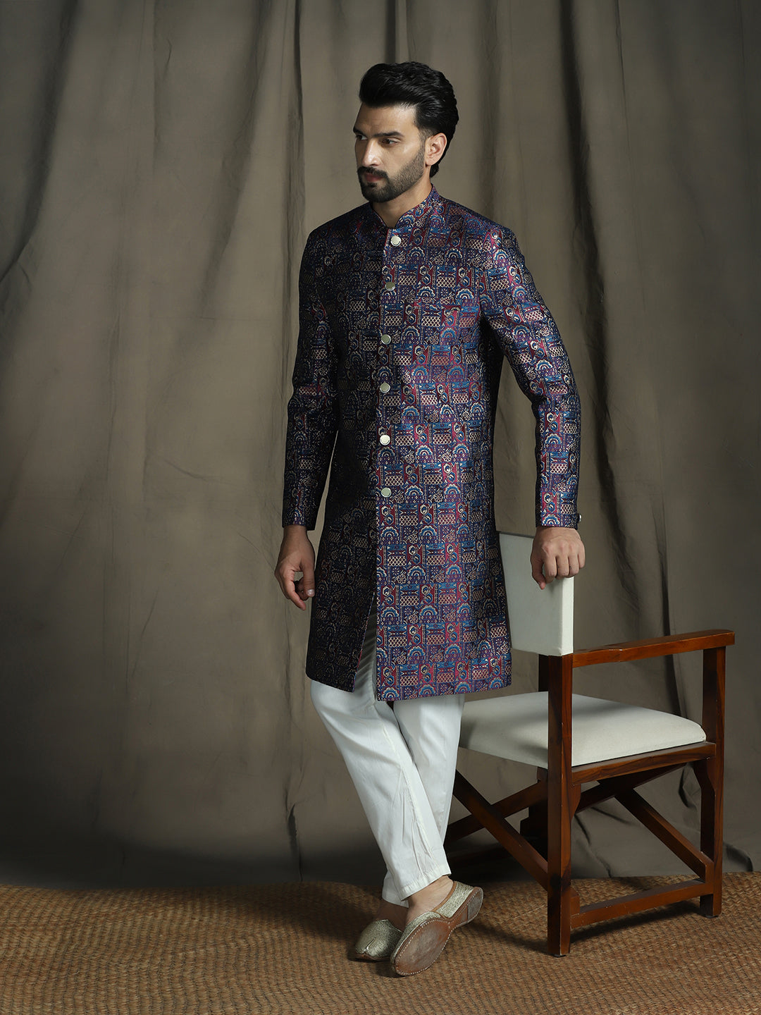 Zavaya Navy Blue Embroidery Jacquard Sherwani Pyjama Set for Men - Dista