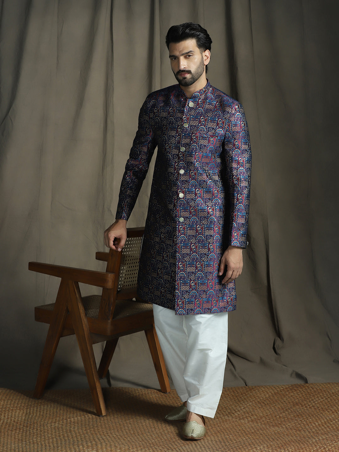 Zavaya Navy Blue Embroidery Jacquard Sherwani Patiala Set for Men - Dista