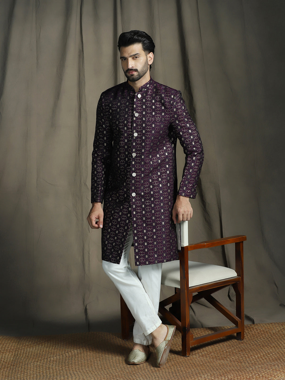 Zavaya Purple Embroidery Jacquard Sherwani Pyjama Set for Men - Dista