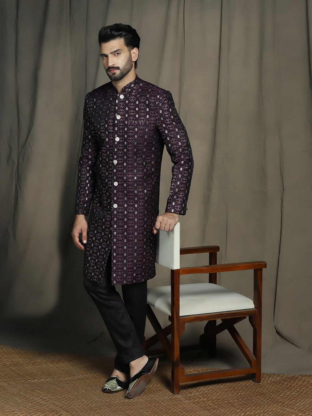 Zavaya Purple Embroidery Jacquard Sherwani Pyjama Set for Men - Dista