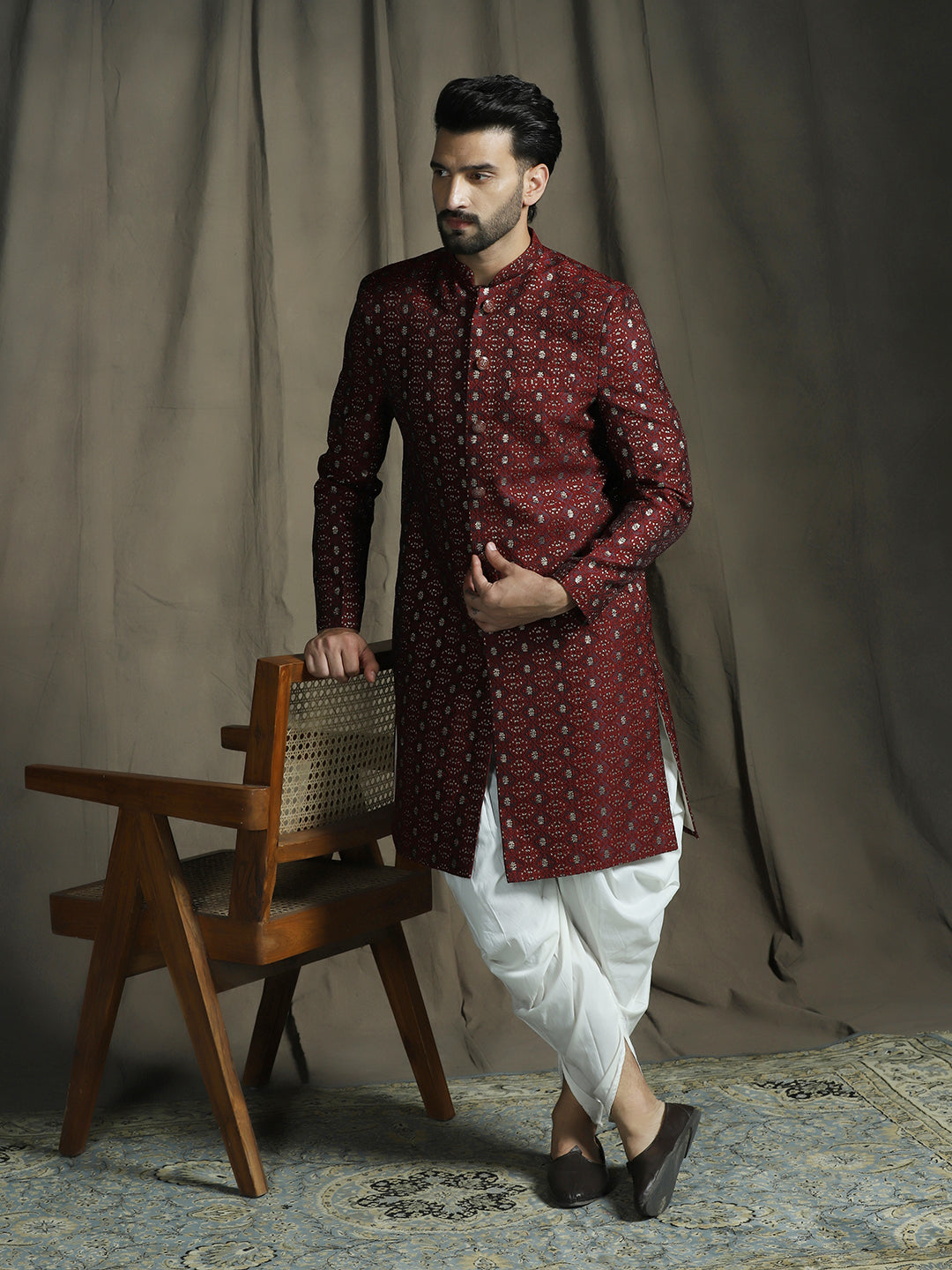 Zavaya Maroon Embroidery Jacquard Sherwani Dhoti Set for Men - Dista