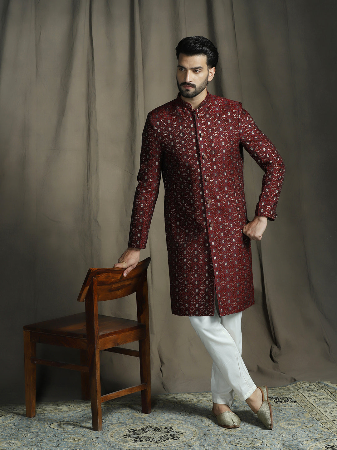 Zavaya Maroon Embroidery Jacquard Sherwani Pyjama Set for Men - Dista