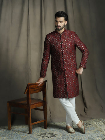 Zavaya Maroon Embroidery Jacquard Sherwani Pyjama Set for Men - Dista