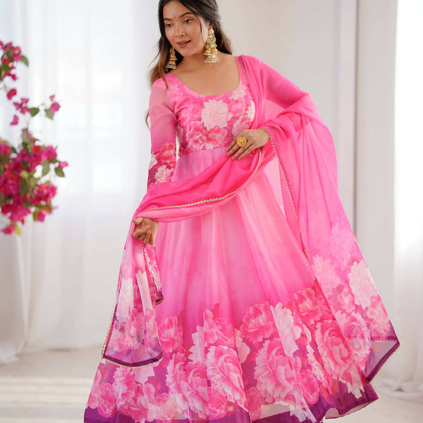 Teeya Creation Womens New Organza Soft Taby Silk Heavy Quality Fabric With Digital Print Pink Gown Set - Dista