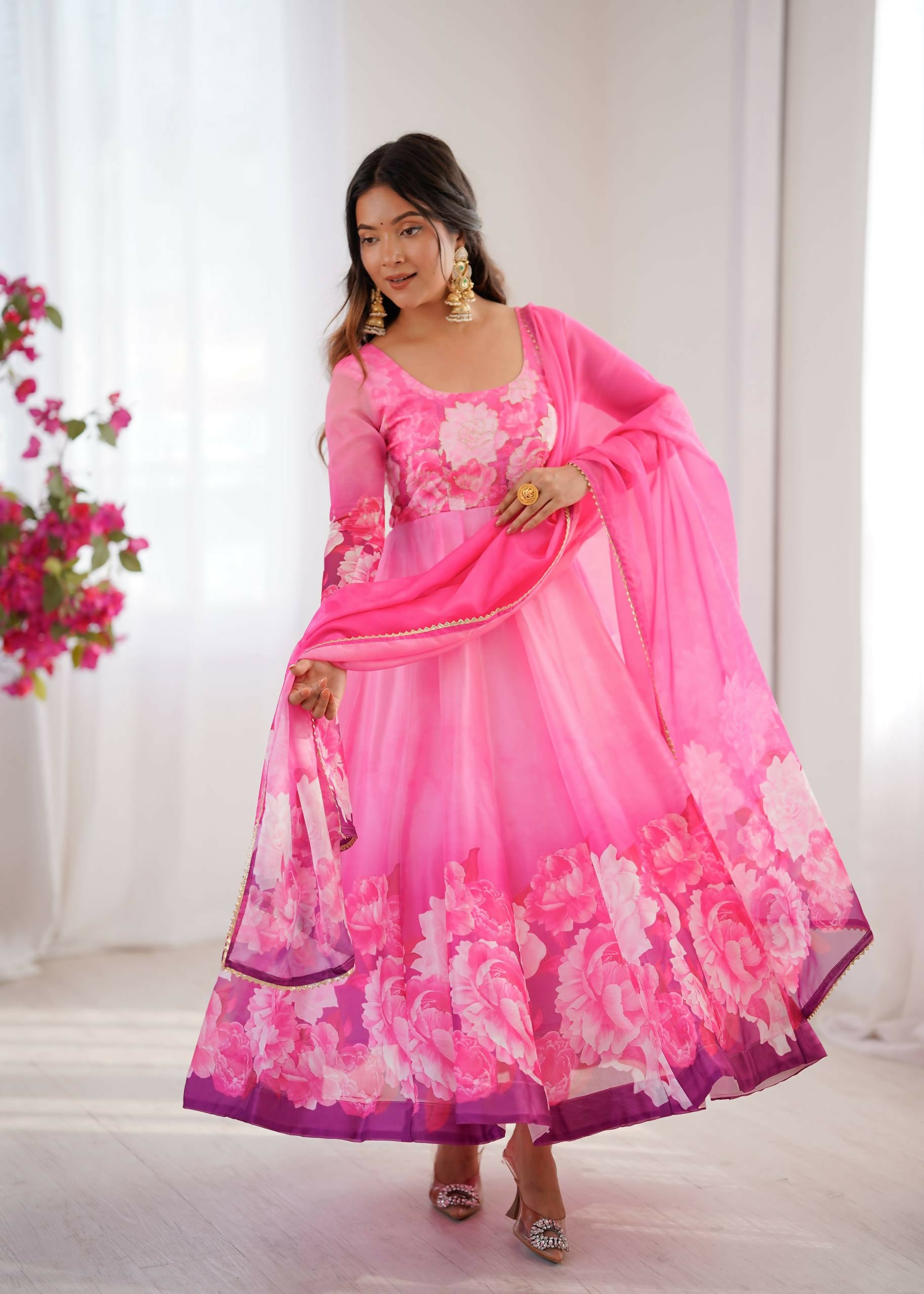 Teeya Creation Womens New Organza Soft Taby Silk Heavy Quality Fabric With Digital Print Pink Gown Set - Dista