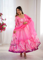 Thumbnail for Teeya Creation Womens New Organza Soft Taby Silk Heavy Quality Fabric With Digital Print Pink Gown Set - Dista