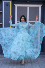 Thumbnail for Aastha Fashion Women's Turquoise Tebby Silk Floral Printed Anarkali Dress with Dupatta - Distacart