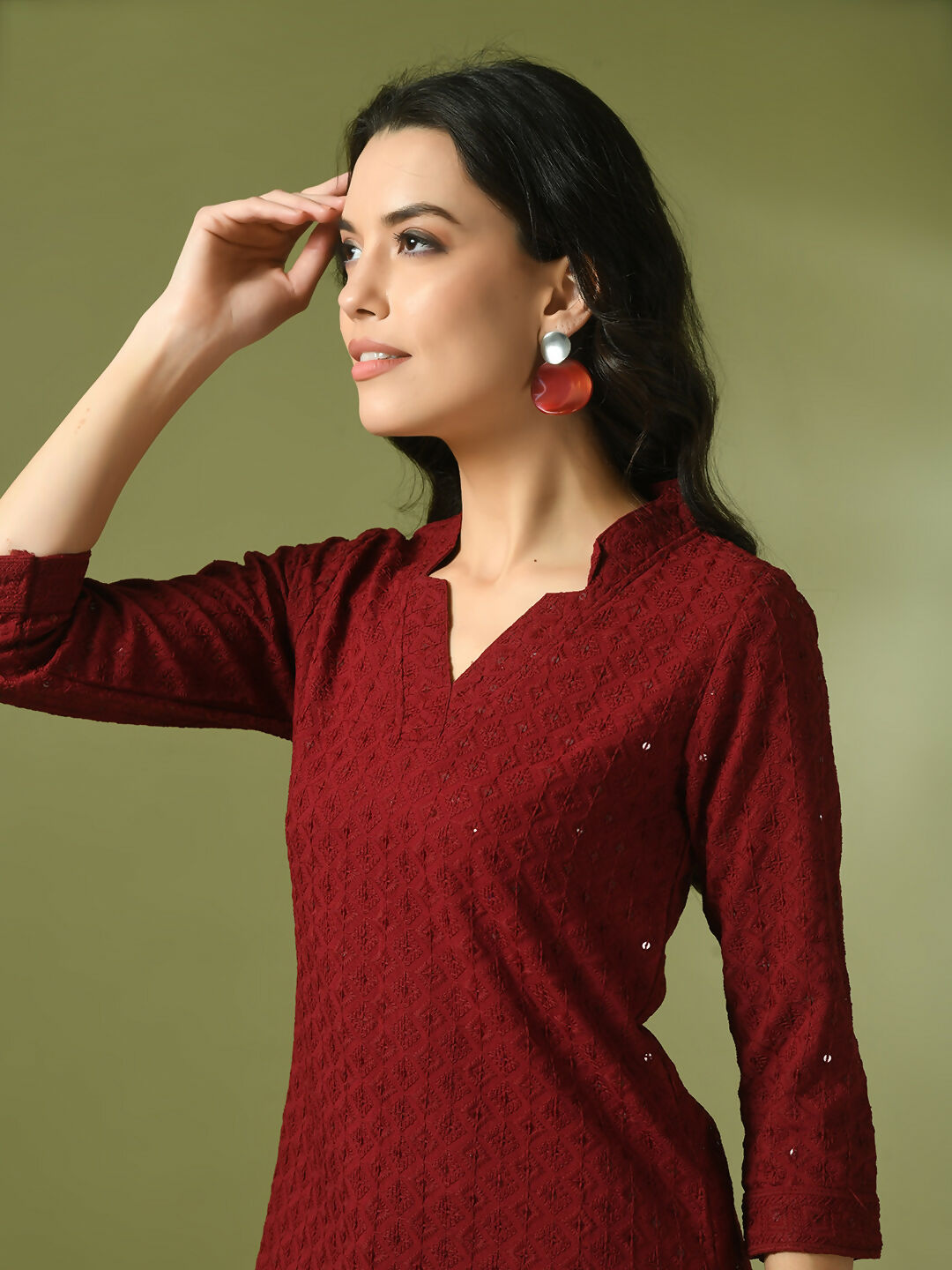 Myshka Women's Maroon Embellished Cotton Regular Party Tunic - Distacart