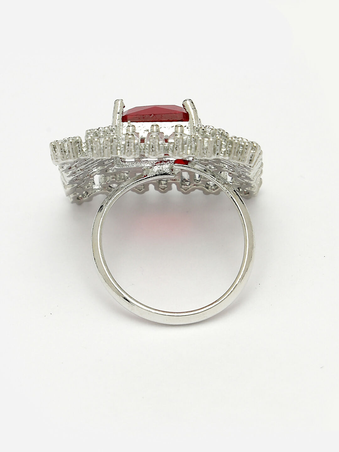 NVR Women's Red & Silver CZ-Studded Square-Shaped Adjustable Finger Ring - Distacart
