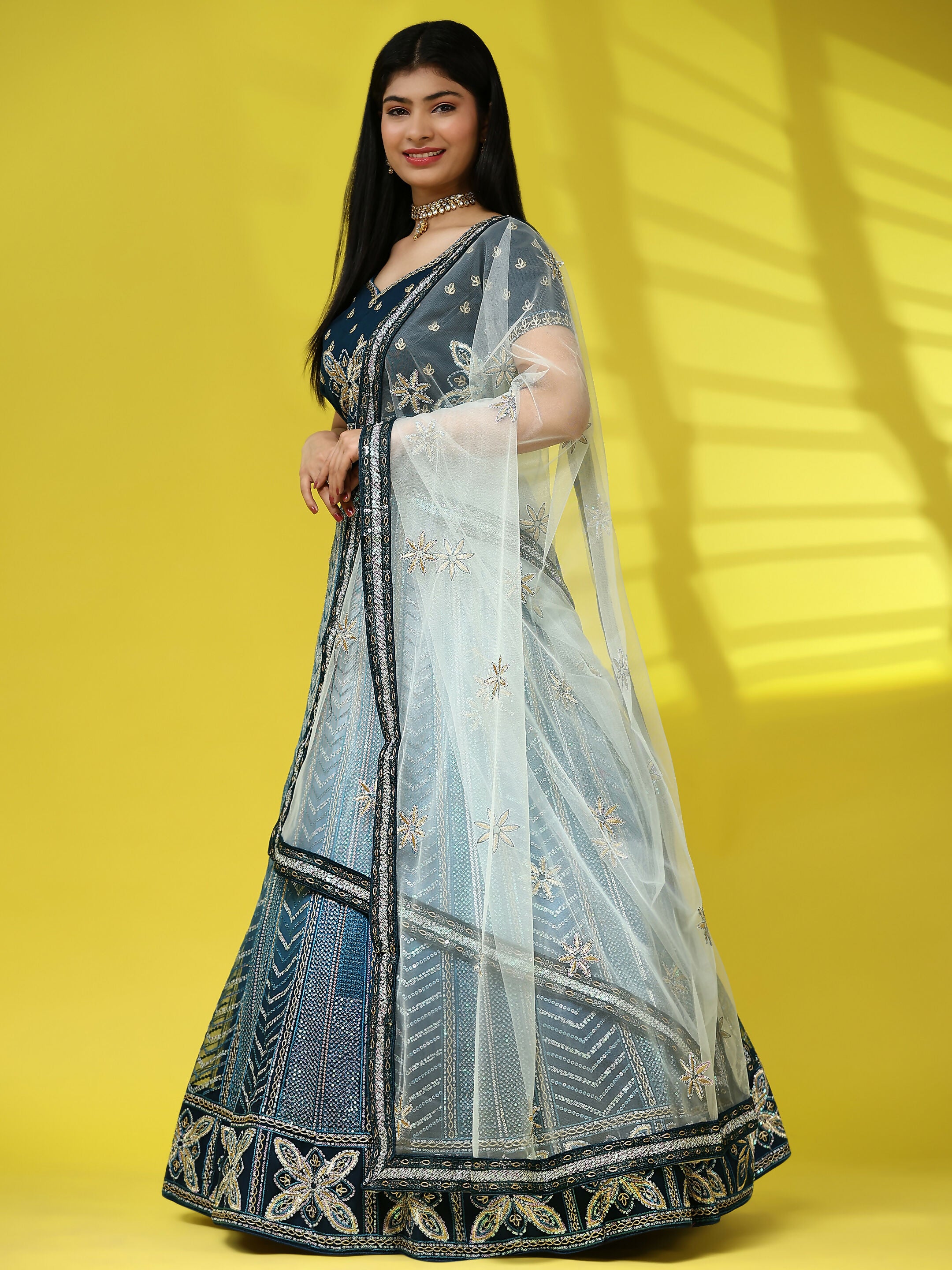Blue Fancy Net Sequence Embroidered Lehenga Choli with Dupatta - Dhara - Distacart