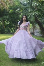 Thumbnail for Jyoti Fashion Women's Purple Sequins Thread Embroidery Faux Georgette Anarkali Dress - Distacart