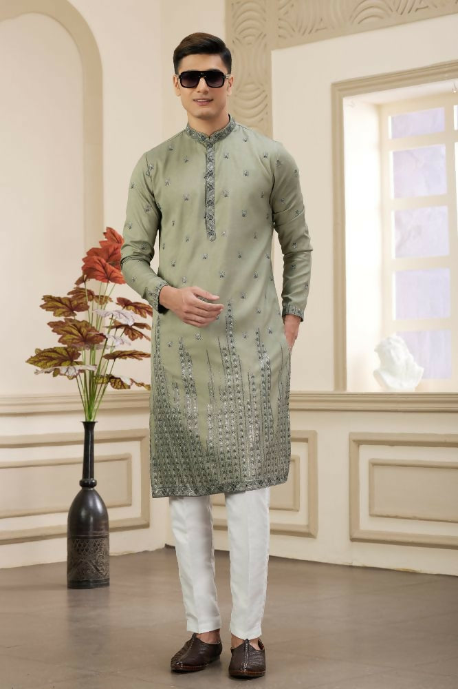 Raivat Ethnic Art Silk Thread Work Kurta Pajama In Green Colour