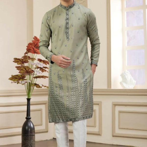 Raivat Ethnic Art Silk Thread Work Kurta Pajama In Green Colour