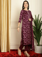 Thumbnail for Jyoti Fashion Women's Wine Pashmina Floral Digital Printed Kurta with Trouser & Dupatta - Distacart