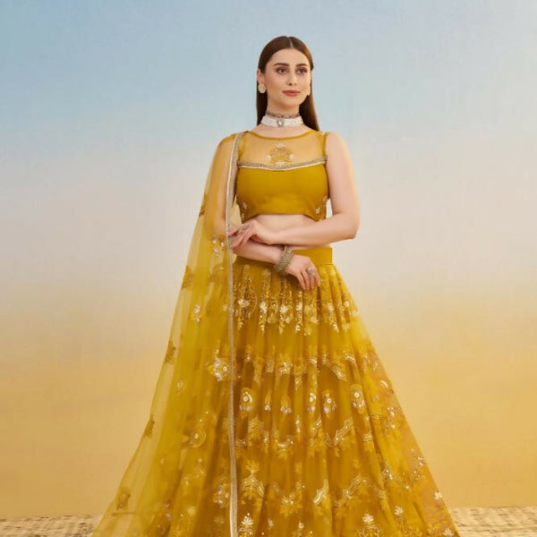 Aastha Fashion Mustard Yellow Butterfly Net Tone To Tone Cotton Thread Work And Sequence Work Embroidery Wedding Wear Lehenga Choli - Distacart