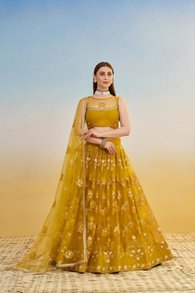 Aastha Fashion Mustard Yellow Butterfly Net Tone To Tone Cotton Thread Work And Sequence Work Embroidery Wedding Wear Lehenga Choli - Distacart