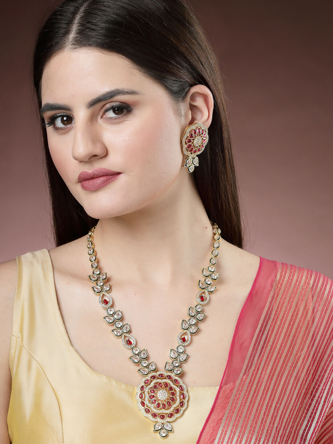 NVR Women's Red & Gold Kundan Studded Handcrafted Jewellery Set - Distacart