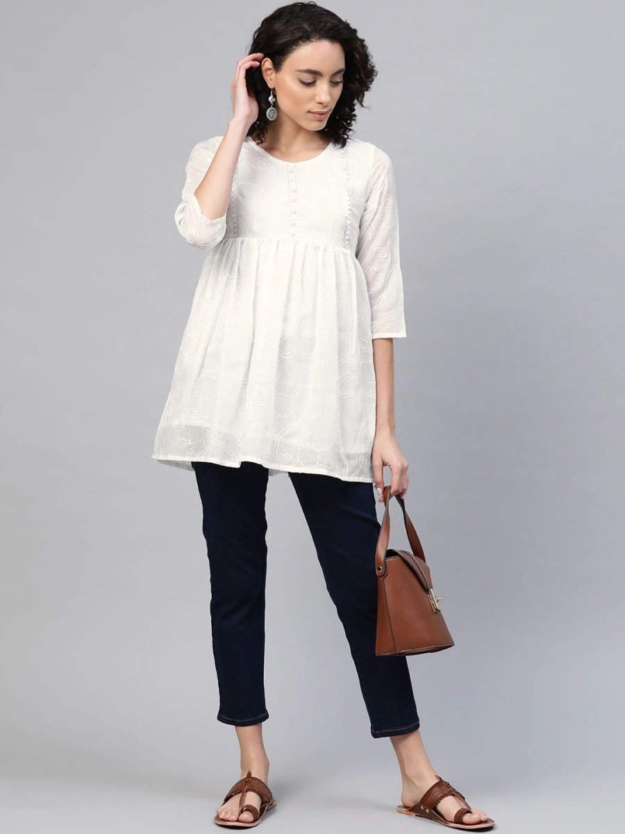Ahalyaa Women Off-White Cotton Embroidered Tunic