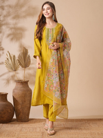 Thumbnail for The52 Women's Beautiful Viscose Chanderi Fabric Embroidery Work Straight Kurta Pant and Dupatta Set - Distacart