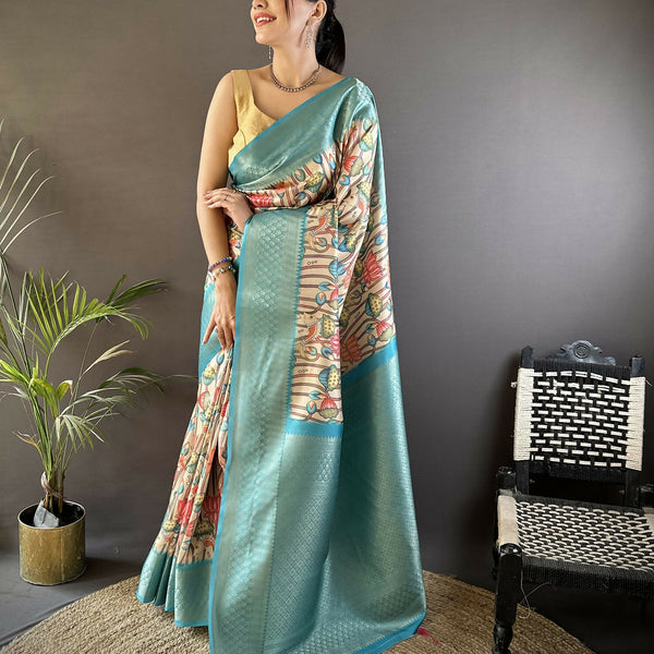 Joban Fashion Multi-Color Floral Digital Print Soft Lichi Silk Paithani Saree - Distacart
