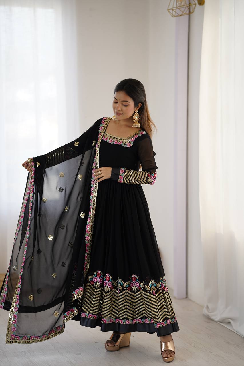 Prazu Fashion Black Georgette Embroidered Sequence Anarkali Suit